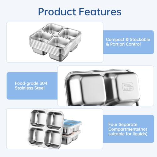 BEFOY 4-Pack Stainless Steel Snack Box, Leak-Proof Bento Lunch Container | Snackle alternative. 4 compartment divided. Meal prep, food storage. Kids, adults. Reusable, stackable. School, picnic travel - color: Gray, size: 2
