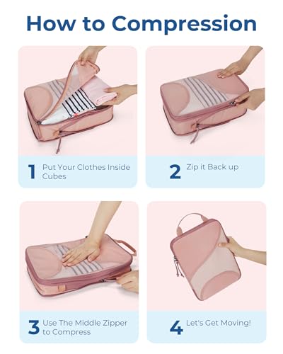 Bagsmart Compression Packing Cubes, Travel Bag Cruise Ship Essentials - color: Dark Pink, size: 6 Set