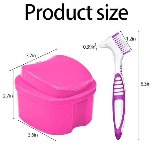 Denture Cup Retainer Cleaning Case False Teeth Soaking Container with 2 Brushes, Dental Retainer Cup Holder Case Denture Soaking Storage Box Case - White & Rose Red - color: White & Rose Red