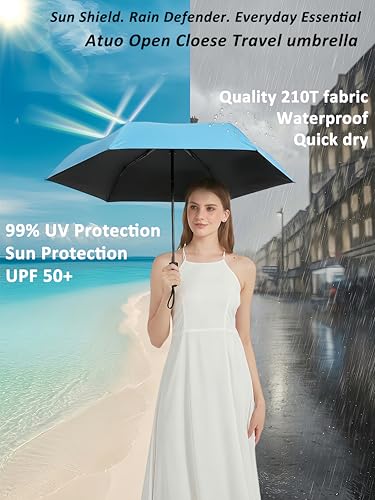 BAODINI Compact Travel Umbrella Small Windproof Auto Open Close for UV Sun Protection UPF 50+ and Rain Fits Backpack Purse & Suitcase - color: Sky Blue