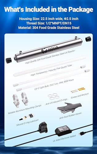 HQUA-OWS-6 120V 25W 1/2" MNPT Inlet/Outlet Small House,Kitchen Ultraviolet Water Purifier Filter, + 1 Extra UV Lamp