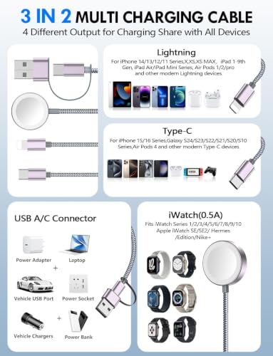 1Pack Travel Essentials for Apple Watch Charger,3-in-2 Multi Charging Cable | Cruise Vacation Camping Essentials for iPhone Charger,Type C/Lightning for iWatch,iPhone 17-12,Xbox Series X&S-6FT Gray - color: Gray, size: 1Pack-6 FT
