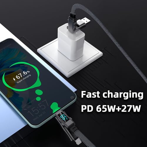 4-in-1 USB Charging Cable with Wattage Display (65W, 6.6FT) | USB A/C to USB C/L Port, Compatible with iPhone 17-12/MacBook/Tablet/Samsung S25/S24 Phone & More, Carplay Cable