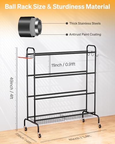 EXTCCT Basketball Rack with Wheels, 4 Tier Garage Ball Storage Organizer | Heavy duty rolling balls cart with two basket storage, ball holder, Sports equipment organized for outdoor, indoor, Black - color: Standard Black