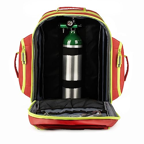 Scherber Fully-Stocked Premium First Responder Backpack | EMT/EMS Medic Trauma & Oxygen Medical Professional Kit | Bag w/ 4 Color-Coded Removable Pouches, O2 Storage, & 250+ First Aid Supplies - Red - color: Red