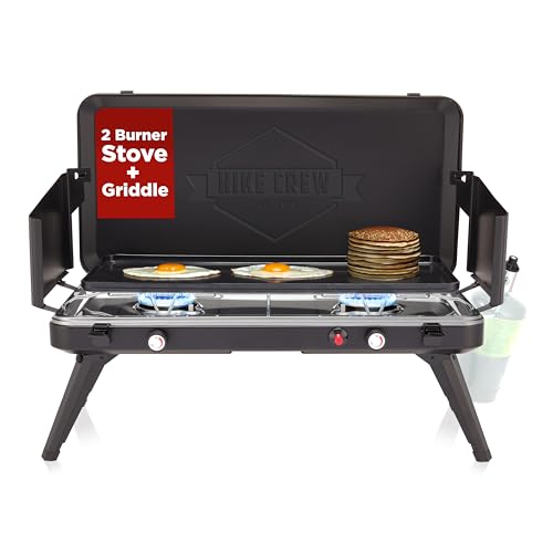 Hike Crew 2-in-1 Gas Camping Stove and Griddle | 20,000 BTU 2 Burner Propane Portable Stovetop w/Griddle Plate | Foldable Legs | Integrated Igniter w/Regulator | Wind Panels & Built-in Carry Handle - style: Stove + Griddle