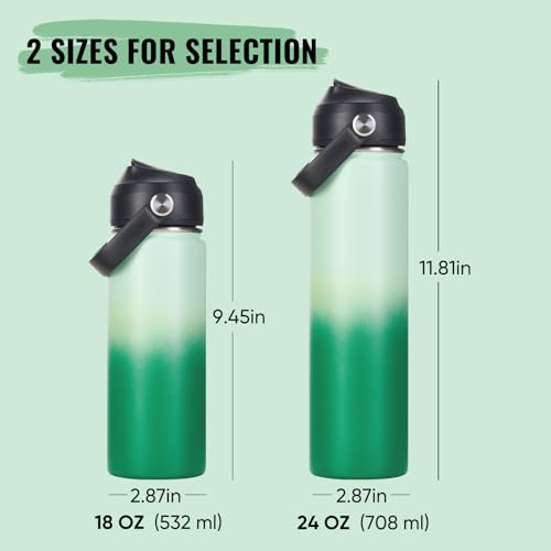 Fijinhom 24oz Insulated Stainless Steel Water Bottle, Wide Mouth Double Wall Vacuum, Silicone Straw, Sweat & Leak Proof, BPA Free Insulated Water Flask for Travel, Green Gradient - color: Green Gradient, size: 24 Ounces