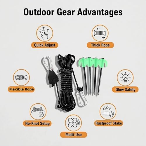 Camping Tent Rope Pulley System with Stakes, 4mm Braided Polyester Wind Rope, 13ft Adjustable Tightener with Carabiner and 4 Glow-in-the-Dark Steel Stakes, 34kg Load Capacity