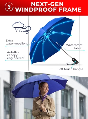 Raintrend Windproof Travel Umbrellas for Rain Automatic +10% Bigger Canopy Strong Frame Compact Folding Portable Umbrella for Women Men Backpack Purse - color: T1 Navy
