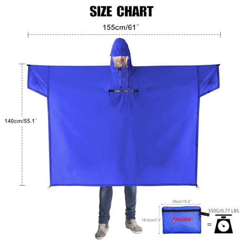Andake Waterproof Rain Poncho for Adults Unisex,230T Ripstop Polyester,Raincoat Gear with Transparent Viewing Window Outdoors - color: Dark Blue