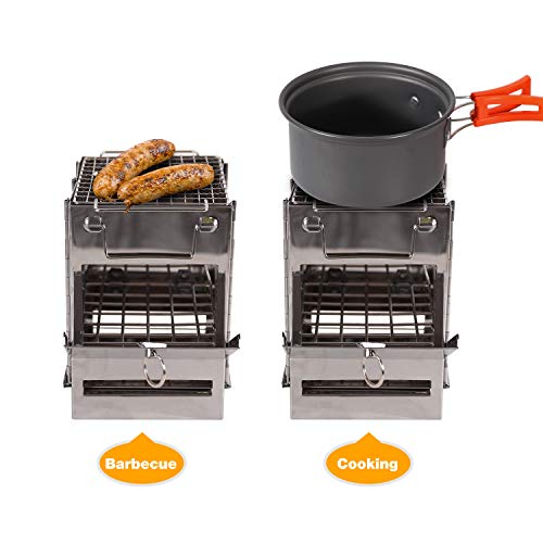 Portable Folding Camping Wood Stove for Outdoor Cooking, Sturdy Lightweight 304 Stainless Steel Wood Burning Camp Stove with Grill for Backpacking BBQ Small/Large (Small) - size: Small without Grid and Pot Stand