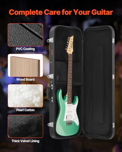 VEVOR Electric Guitar Hard Case, 43.11 in Rectangular Guitar Hard Case, With Lock Latch Keys Handle, PVC Padding Soft Lining Water-Resistant Hard Shell Guitar Cases, for 39 in Electric Guitars, Black | 43.11 Inch Hard-Shell Case with PVC Padding Soft Lini