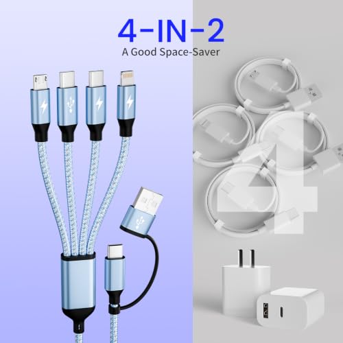 MPATIBY 4 in 2 Multi Charging Cable, 1 Pack 5FT Dual Input Charging Cords | USB A & USB C Inputs with Dual USB C, IP & Micro Outputs, Travel Essentials, Phone Charger for Multiple Devices - color: Blue+White, size: 1Pack5FT