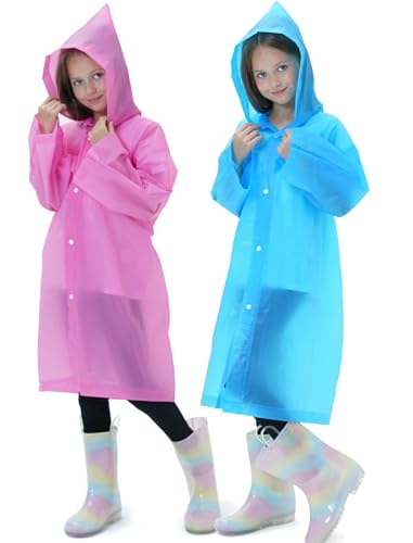 2 Pack Raincoats for Kids, Reusable Rain Ponchos with Hood and Sleeves Rain Coats for Boys and Girls - color: A-pink&blue