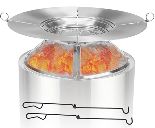 Heat Deflector for Solo Stove Bonfire 19.5",Fire Pit Heat Deflector with Mesh Spark Screen&2 Pokers,304 Stainless Steel 2 in 1 Heat Diffuser for Solo Stove Bonfire Accessories Camping Capture Warmth