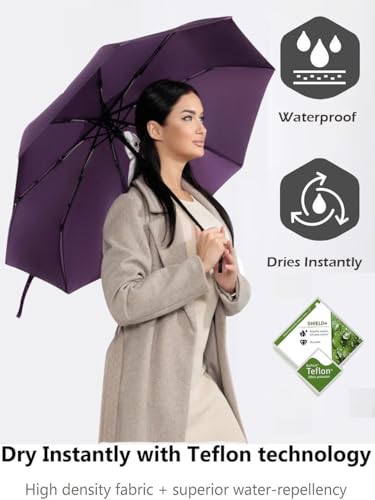 Windproof Travel Umbrella - Compact, Light, Full Automatic Open/Close - Folding Backpack Umbrella for Rain & Sun UV Preotection For Men & Women, Unbreakable 8 Fiberglass Ribs UK Design - color: Mulberry
