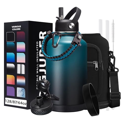Half-gallon Insulated Water-Bottle with Straw - Stainless Steel Thermo Jug with Spout Straws Lids, Paracord Handle & Bottle Sleeve, 64OZ Vacuum Thermo Water Bottle for Camping Trip - color: Indigo Black Gradient, size: 64 Ounces