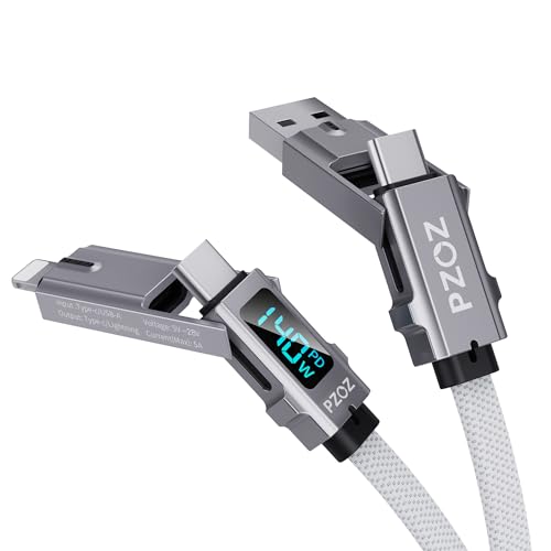 pzoz 4-in-1 Multi Charging Cable with LED Display, One Cable for USB-C & Lightning Devices, 140W Fast Charging Cord, USB A/C to USB C/Lightning for iPhone 17/16/15, iPad, MacBook, Samsung (5 ft) - style: 140W