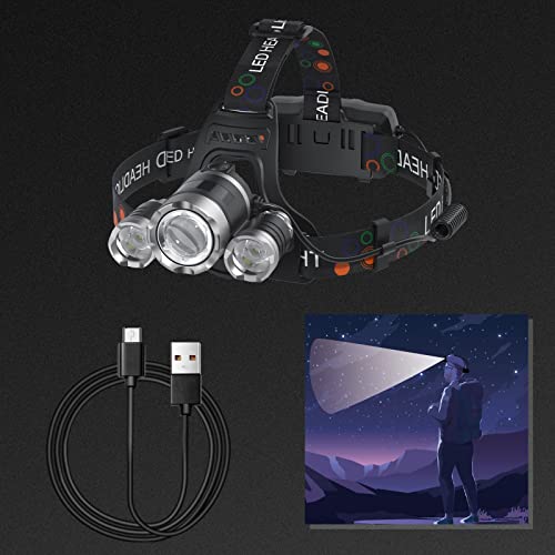 LED Headlamp Rechargeable, 6000 Lumens Super Bright Head Lamp, USB Rechargeable Headlight Flashlight with 3 LED Lights, 4 Modes, Zoomable, 90° Adjustable, Hiking, Hunting, Running, Fishing - color: Silver