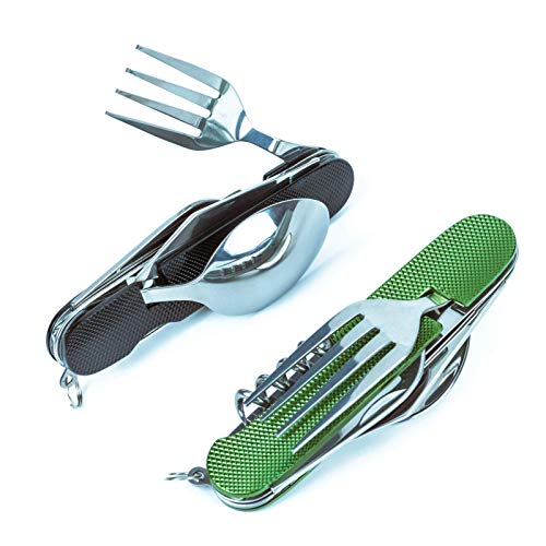 6-in-1 Multi-Function Camping Utensil Flatware Set Detachable Spoon Fork Knife Combo Mess Kit with Carrying Pouch (Black + Green) - color: Black + Green