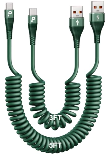 USB C Cable Fast Charging 60W 3FT/5FT, Coiled USB A to USB C Cable for Car | iPhone USB C Cable USB to Type C Charging for iPhone 17/16/15 Pro Max/Samsung Galaxy S20 S10 and More USB C Devices-Green - color: Green, size: 3FT/5FT, style: USB A to USB C