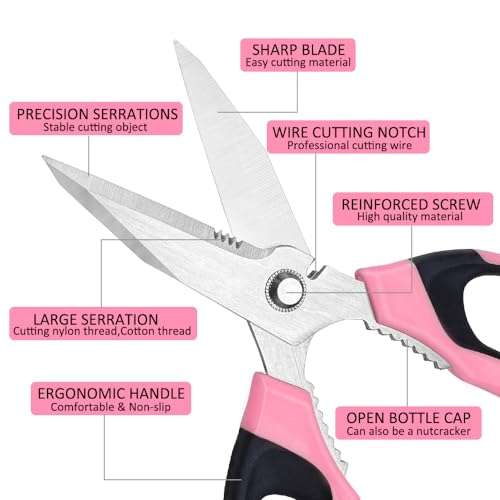 Utility Scissors Heavy Duty, Ultra Sharp Blade Shears, Comfortable Non-Slip Handle, Multipurpose Stainless Steel Scissors For Cutting Cardboard, Fabric, Carpet, Leather, Wire - color: Pink Set