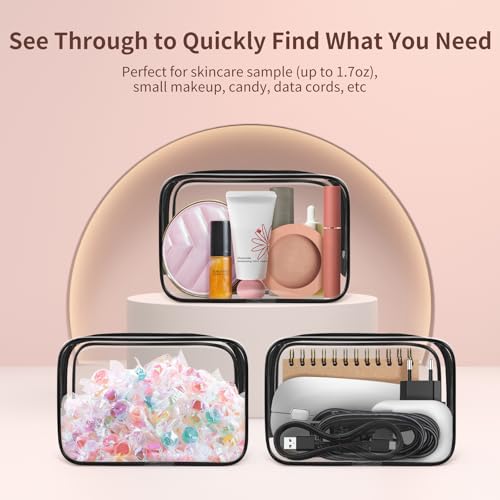 TISRATOK 12 PCS Clear Makeup Bags with Zipper, TSA Approved Toiletry Pouch - color: Black, size: Small