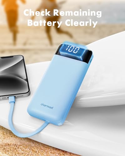 charmast Power Bank Portable Charger with Reinforced Built-in 4 Cables | 3A Fast Charging,10000mAh,6 Outputs 3 Inputs,Travel Essentials,TSA Compliant,LED Display,compatible with iPhone Samsung Moto - color: SkyBlue
