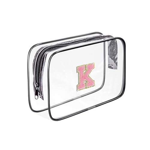 Clear Toiletry Bag,Portable Travel Toiletry Bag,Chenille Letter Cosmetic Bag with Zipper,Waterproof Makeup Bag,Cosmetic Storage Organizer for Women Men,Travel Essentials (Black,K) - size: K