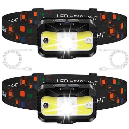 MIOISY Headlamp Rechargeable, Ultra Bright LED Head Lamp Flashlight 2 Pack | White Red Light, Motion Sensor, Waterproof, 8 Modes Headlight for Camping Fishing Running - size: 2 Packs