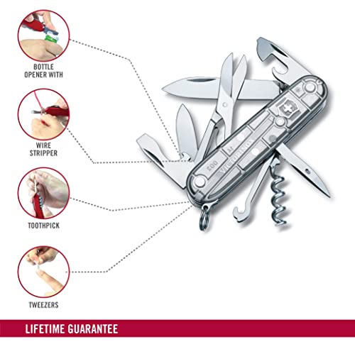 Victorinox Climber Swiss Army Knife, 14-Function Pocket Knife, Silver | Swiss-made pocket knife, durable construction, multifunction tool, camping and everyday use - color: Silver Tech