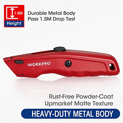 WORKPRO Premium Utility Knife, Retractable All Metal Heavy Duty Box Cutter, Quick Change Blade Razor Knife, with 10 Extra Blades - color: Red
