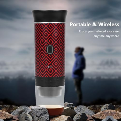 HX HECLX Coffee Maker Gift Set for Camping,Battery Powered Portable Electric Espresso Machine, Rechargeable Coffee Maker Self Heating Ground Coffee Capsule for RV, Hiking (Red) - color: Red