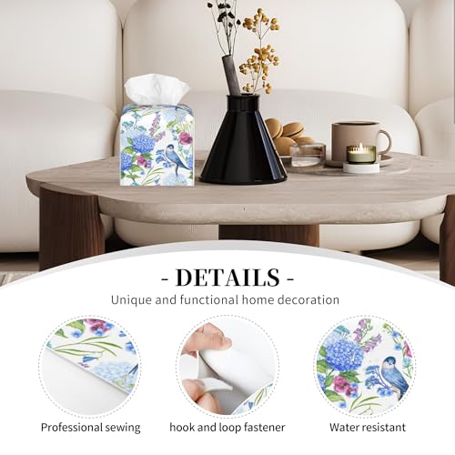 Leather Tissue Box Holder Bird with Blue Hydrangea Tissue Box Cover Square Waterproof Tissue Holder Organizer Modern Napkin Holder for Bedroom Dresser Night Stand Office Desk - color: Bird With Blue Hydrangea