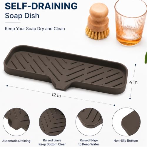 MicoYang Silicone Soap Dish with Drain Spout — Self-Draining Double Sink Organizer Tray for Kitchen & Bathroom, Dispensers, Sponges & Soap Holder, Non-Slip & Dishwasher Safe, Coffee (Large, 12"×4") - color: Coffee, size: L(12"×4")