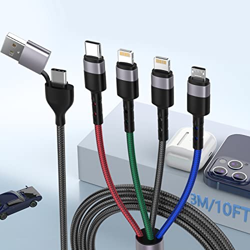 3M/10Ft 6 in 1 Multi USB Universal Phone Charging Cable，USB A/Type C to Lightning*2+Type C+Micro USB Nylon Braided Sync Charger Cord Adapter for Android/iPhone/iOS/Samsung/Huawei-Uber Signs for Car - color: Brown