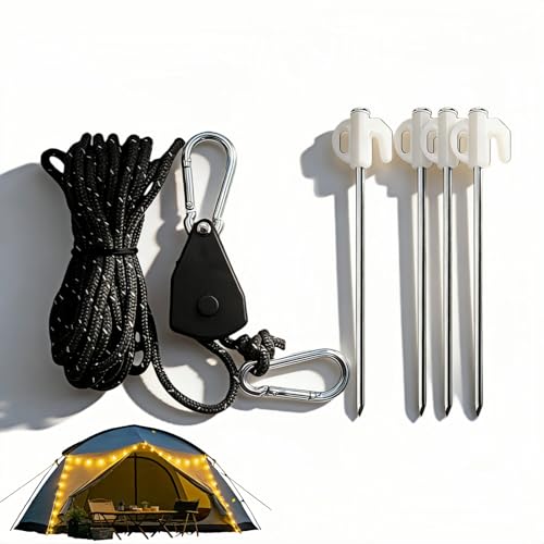 Camping Tent Rope Pulley System with Stakes, 4mm Braided Polyester Wind Rope, 13ft Adjustable Tightener with Carabiner and 4 Glow-in-the-Dark Steel Stakes, 34kg Load Capacity