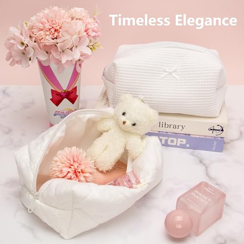 Cozy Makeup Bag for Women,Zipper Cosmetic Pouch,Embroidery White,2 Pack - color: Embroidery White