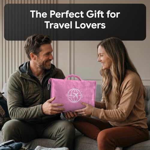2-in-1 Travel Blanket and Pillow – Lightweight, Compact, Ultra Soft, Machine Washable – Handle, Luggage Sleeve, Backpack Clip – for Trave Airplane, Car, Office (light pink) - color: Light Pink