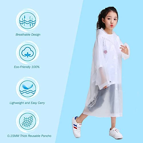 Raincoat Rain Poncho for Kids, 2-5 Pack Reusable EVA Rain Coats for 6-14 Boys Girls, Rain Jackets Gear with Hood - color: White X2