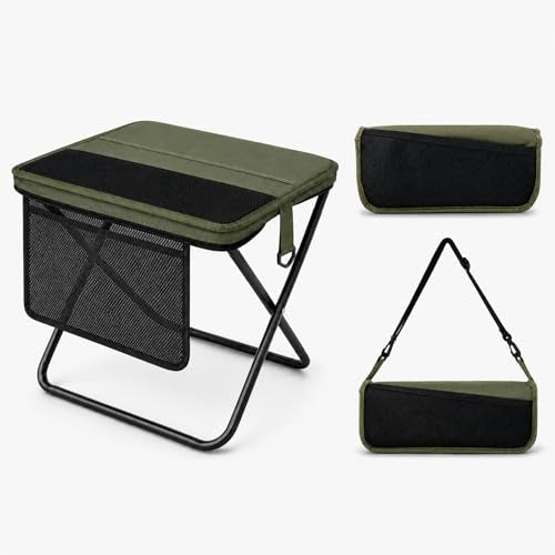 Portable Folding Stool for Adults, Foldable Backpack Stool with Shoulder Strap, 1.77 lb Lightweight Camping Stool with Side Pocket, Travel Seat for Fishing, Hiking, Gardening, Festivals, Green, 1 Pack
