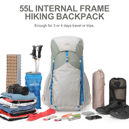 IX INOXTO 55L Internal Frame Waterproof Hiking Camping Backpack with 3L Water Bladder and Rain Cover, Large Lightweight Travel Daypack Rucksack for Climbing (Light Gray) - color: Light Gray