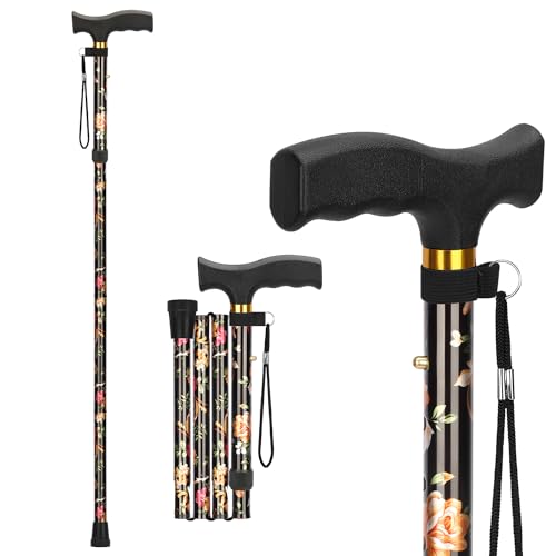 supregear Folding Cane, Lightweight 5-Level Adjustable Walking Stick with Wrist Strap and T-Handle, Portable Mobility Aid for Elderly and Disabled Men and Women - color: Floral Black