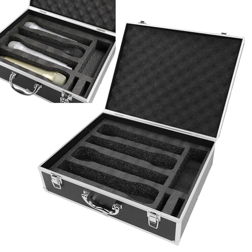 ASHATA Wireless Microphone Carrying Case for 4 Mics Storage, Black | Aluminum Alloy Hard Shell Mic Case with Diced Foam Fits Handheld Wireless Microphone Systems & Accessories