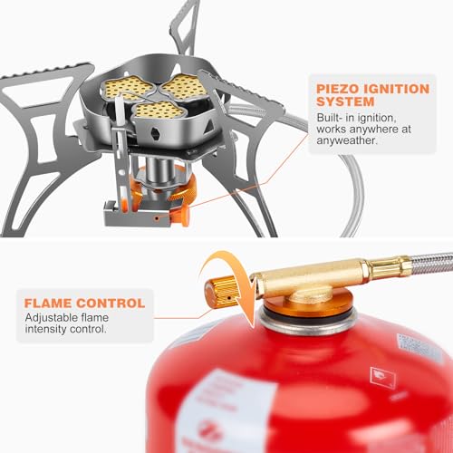 WADEO 6800W Windproof Camping Stove, Backpacking Stove with Piezo Ignition and Fuel Canister Adapters, Camping Gas Stove for Outdoor Backpacking Hiking and Picnic