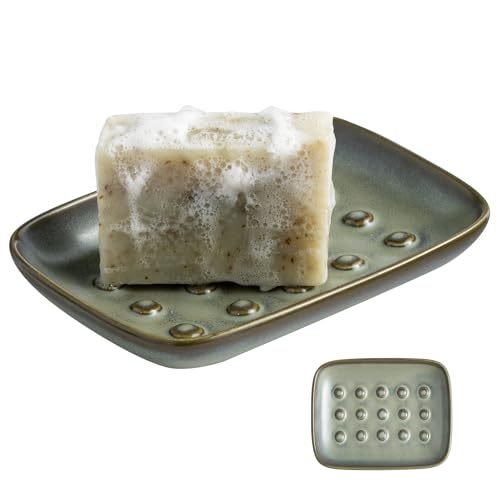 Miamolo Bar Soap Holder, Ceramic Soap Dish for Bathroom, Keep Soap Dry | Raised Ridges Extends Bar Life | Weighted Soap Tray, Non-Slip | for Kitchen Sink Bathtub Shower, Dishwasher Safe, Dark Green - color: Dark Green, size: Floating Point Design