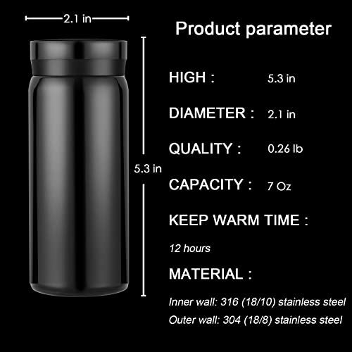 Mini Thermos Cute Water Bottle - 7 oz Tiny Insulated Vacuum 18/10 Stainless Steel Small Flask - Leak Proof & Spill Proof & Keeps Cold and Hot for Drink, Coffee, Tea - Black - color: Black, size: 6.8 Ounces