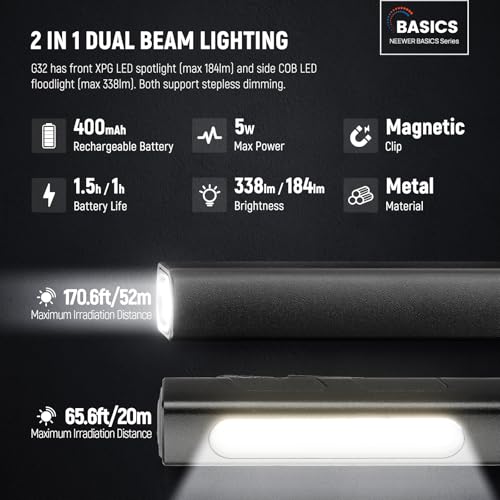 NEEWER BASICS 2 in 1 EDC Flashlight with Side COB Floodlight, 5W 388lm Mini Handheld Pocket LED Pen Flash Light with 400mAh Rechargeable Battery, Magnetic Clip On for Repair Camping Emergency Use, G32 - style: 2 in 1 EDC Flashlight