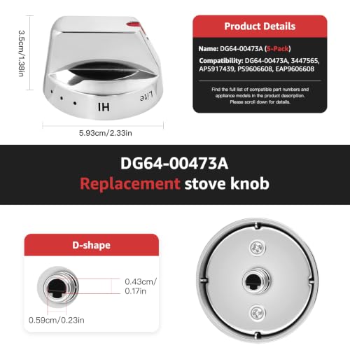 DG64-00473A Stove Knobs Replacement, Burner Control Dial Knob, 5-Pack | Fits for Samsung NX58H5600SS, NX58F5700WS, NX58H5650WS, NX58J7750SS & NX58M6850SS Gas Range, Gas Stove Knobs