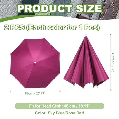 Umbrella Hat, Fishing Hat Hands Free Waterproof Adjustable Sun | Rain Cap Elastic Band Fit Camping - color: Sky Blue/Rose Red